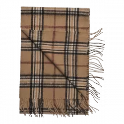 Rutig ullscarf i camel med fransar