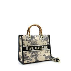 svart vit vintage väska rive gauche handväska tyg med bambuhandtag sommarväska france