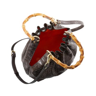 Zoom bild av snygg gucci väska italien handgjord skinnväska brun croco bambu handtag