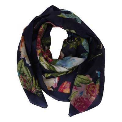 Zoom bild av sidenscarf botanique blå multifärg damscarf siden