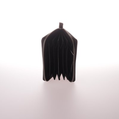 Zoom bild av korthållare i skinn dragspelsformad