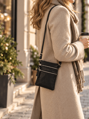 Zoom bild av svart crossbody väska mini svart väska axelrem miniformat