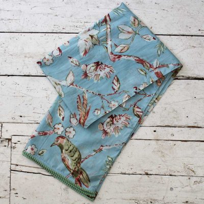 Zoom image of Blue blossom scarf with green pom pom trim