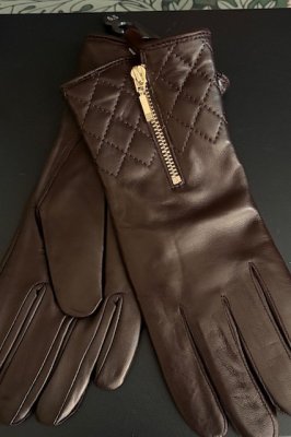 Zoom bild av Handskar Lammskinn guldfärgad dragkedja, Mörkbrun