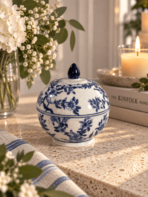 Zoom image of Blue bird round jar with lid