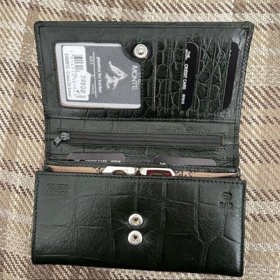 Zoom bild av snygg moderiktig dam plånbok grönt croco skinn