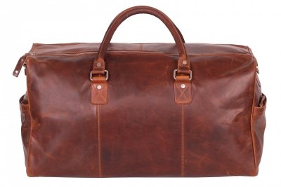 Zoom bild av vacker skinnbag weekendbag i skinn med