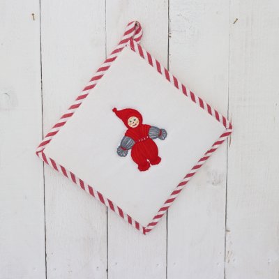 Zoom bild av garntomte grytlapp jul svensk design