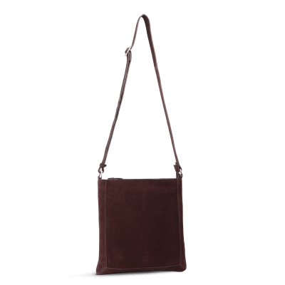 Zoom bild av mörkbrun mocka väska crossover axelremsväska hobo chic
