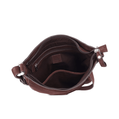 Zoom bild av brun mocka väska crossover boho chic