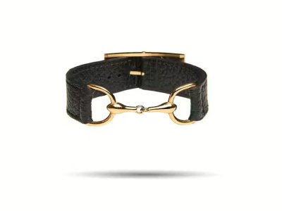 Zoom bild av svart skinnarmband stigbygel häst armband skinn läderarmband horsebit gold bit black odelberg smycken