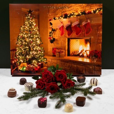Zoom bild av lyxig chokladkalender Belgisk choklad adventskalender 2025 vuxen choklad kalender belgisk lyxchoklad julmotiv adventskalender ju