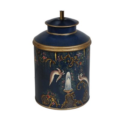 vacker lampa i målad plåt i gustaviansk rokoko stil kolonial stil målad lampfot blå