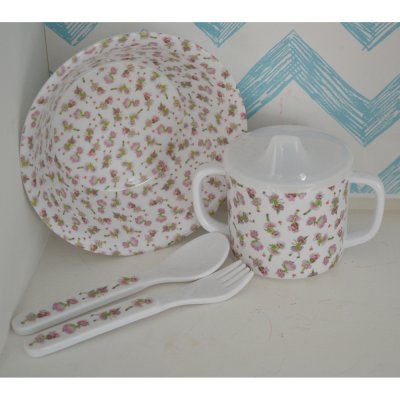 Zoom bild av doppresent barn melamin barn baby 4 delar kniv gaffel tallrik mugg