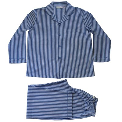Zoom bild av klassisk blå pyjamas herr skjorta byxa bomull stilfull herr pyjamas