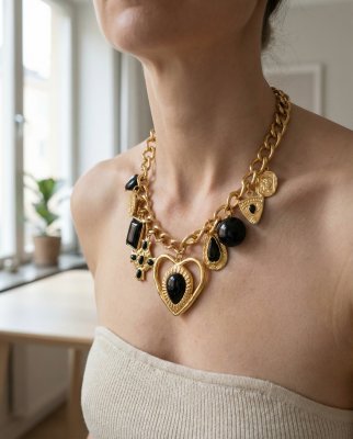 Zoom bild av Halsband Berlock Hjärta, Svart