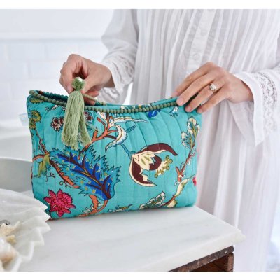 Zoom image of Teal Exotic Flower print Lined Wash Bag