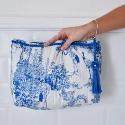 Zoom image of Blue & White Safari Toile De Jouy Print Lined Wash Bag