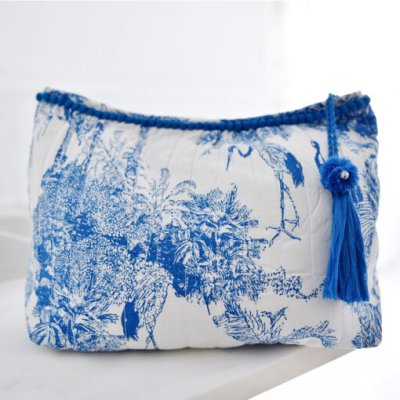 Zoom image of Blue & White Safari Toile De Jouy Print Lined Wash Bag