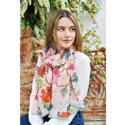 Zoom image of Pink Floral Scarf With light blue Pom Pom Trim