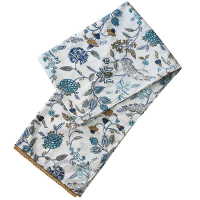 Zoom bild av vacker halsduk sjal scarf med blå blommigt blad mönster