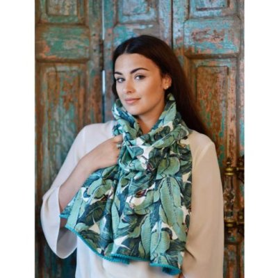 gröna blad mönster stor sjal i bomull handtryckt mönster 180 xc 50 cm