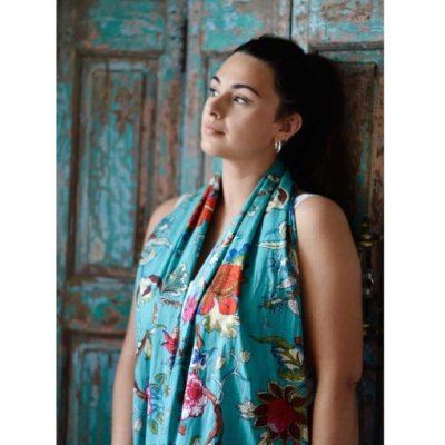 Zoom image of Teal Exotic Flower Scarf, 50 x 180 cm