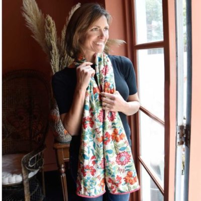 Zoom image of Floral Garden Print Scarf With pink Pom Pom Trim