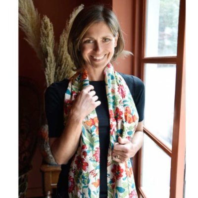 Zoom image of Floral Garden Print Scarf With pink Pom Pom Trim