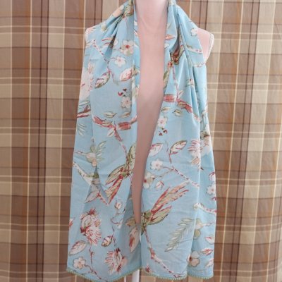 Zoom image of Blue blossom scarf with green pom pom trim