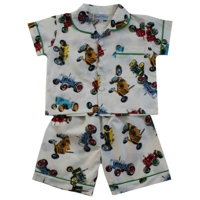 Zoom bild av sommarpyjamas vintage style traktor pojkar 2-5 år