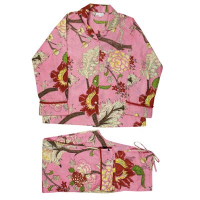 Zoom bild av Pink, Cream & Burnt Orange Large Botanical Print pyjamas, S/M