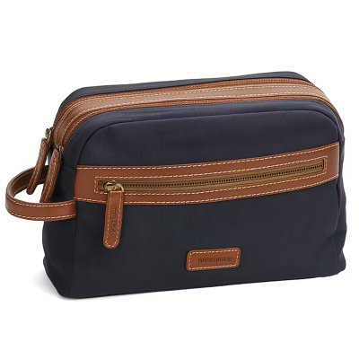 Zoom bild av necessär canvas skinn navy jaktstil snygg sportig elegant necessär