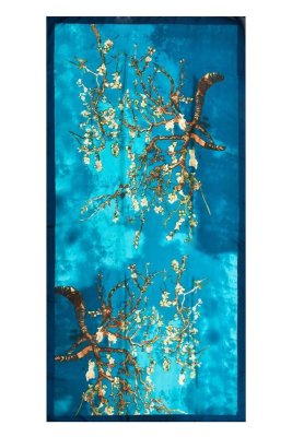 Zoom bild av van gogh sidenscarf blossom turkos blå färg siden sjal dam 90 x 180 cm