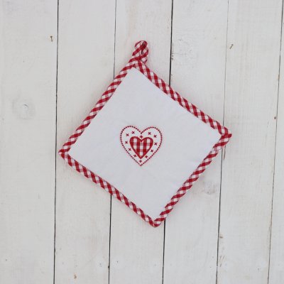 Zoom bild av Grytlapp Hjärta vit/röd, 22 x 22 cm